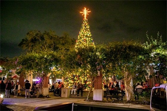 people standing around the fountain area in downtown winter garden at night with a huge christmas tree in the middle fully decorated with a huge star on top