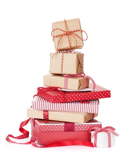 stack of wrapped Christmas presents