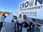 workers emptying trashcans to shred paper