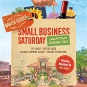 Small Business Saturday Sidewalk Sale 2024 graphic with shopping bag with clock tower on the bag