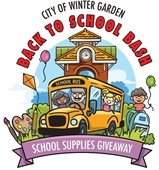 Back to School Bash logo with school bus and kids